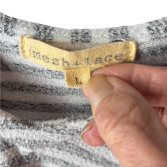 Mesh + Lace V Neck, Long Sleeve Hoodie, Gray and White Stripe, Size Large - Picture 3 of 4